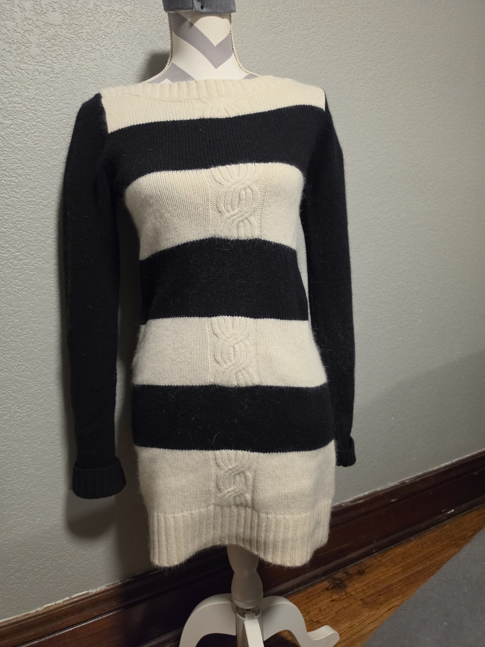 Vintage Red By Marc Ecko Black & Cream Striped Cable-Knit Women's Sweater Dress